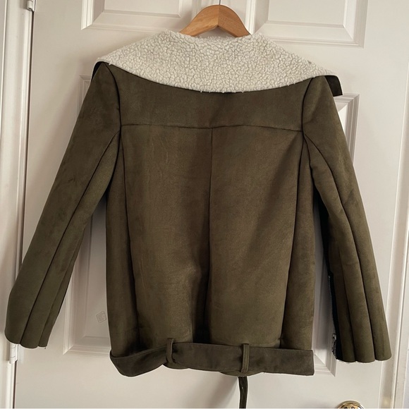 J.O.A. Olive Bomber Jacket withShearling Collar Faux Suede Sherpa Moto Cabincore - Picture 3 of 14